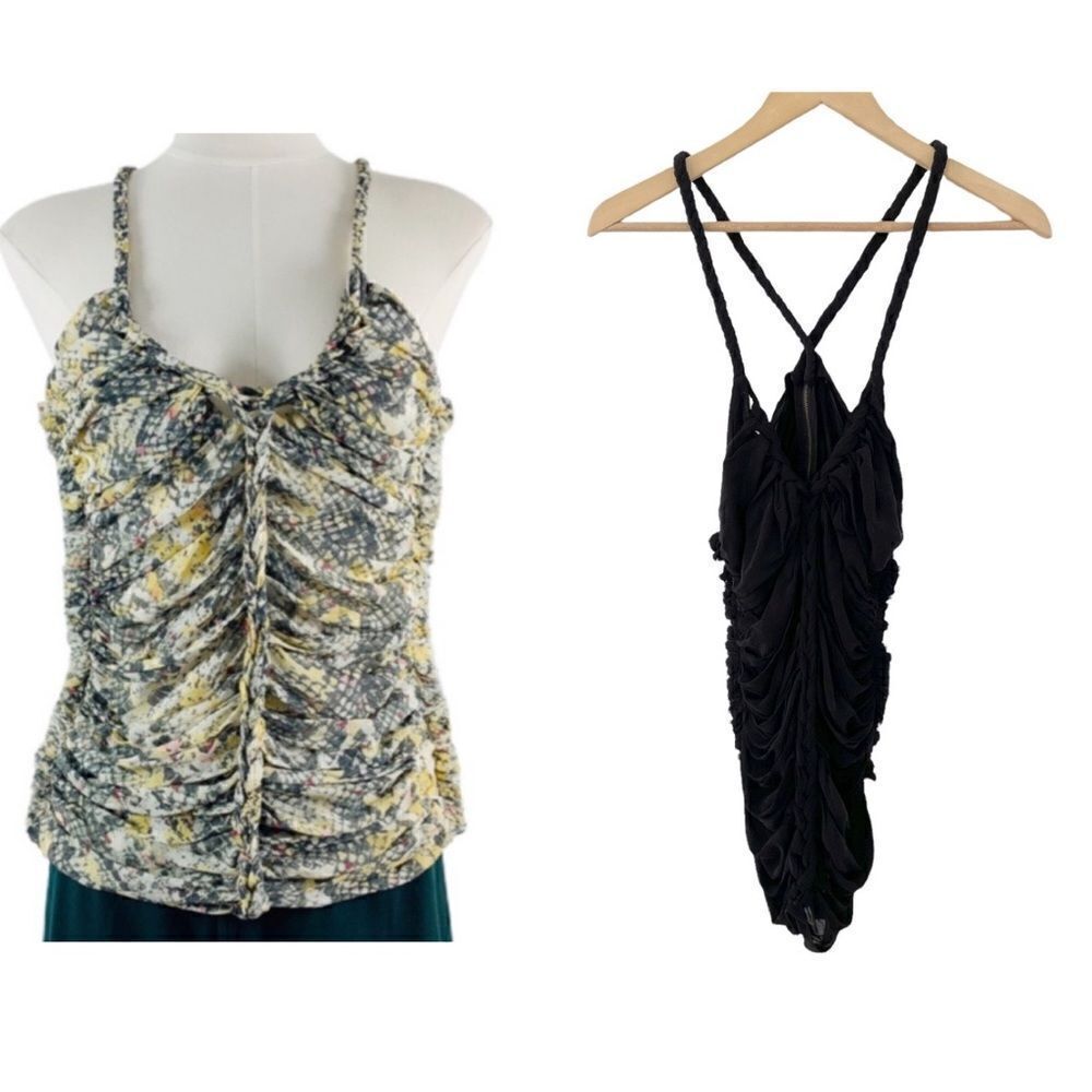 Isabel Marant Ruched Snake-Print Spaghetti Strap Top in Black, Yellow, Cream
